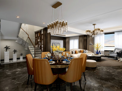 美式轻奢客餐厅 书房 岛台 绿植